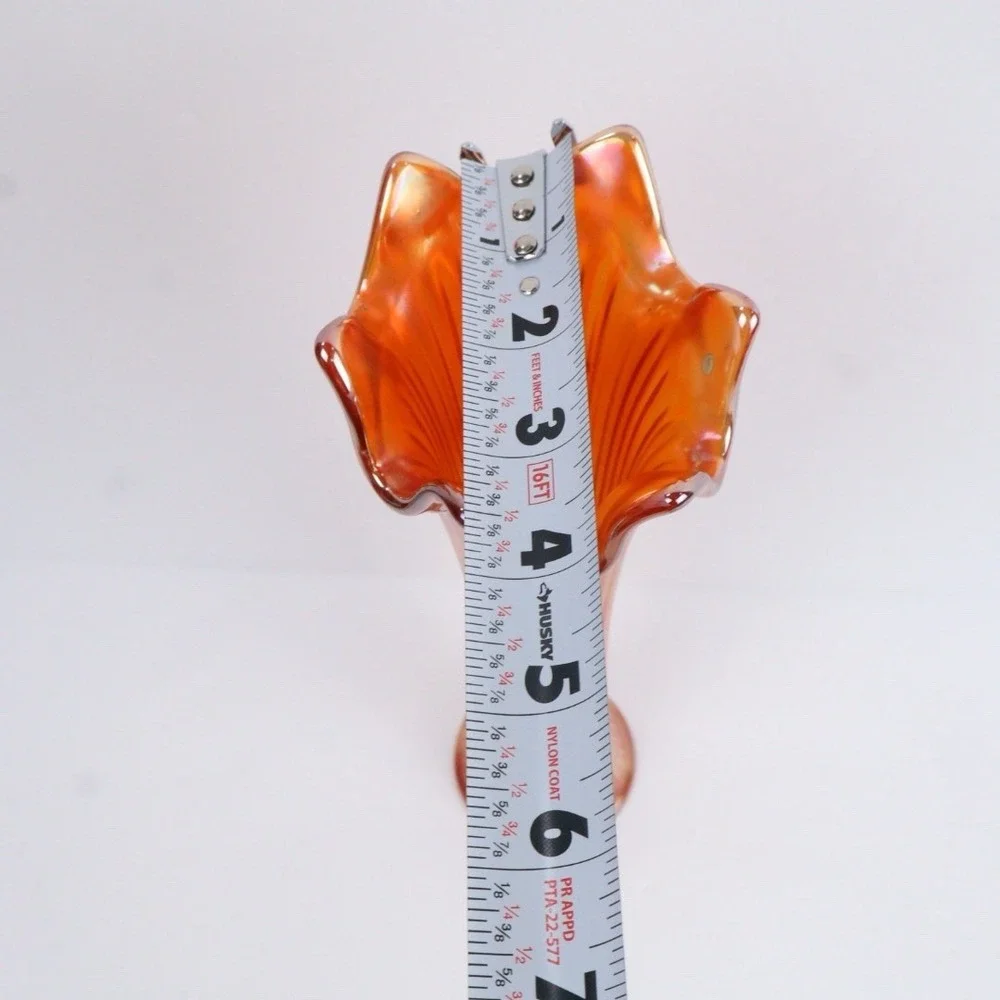 Fenton Antique Carnival Glass Swung Vase Orange Marigold Candy Ribbon‎ Crimped